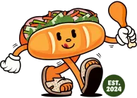 Bami Gara mascot holding a fried chicken drumstick