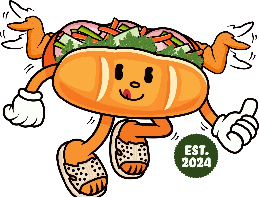 Bami Gara mascot — a smiling banh mi baguette walking with fried chicken arms